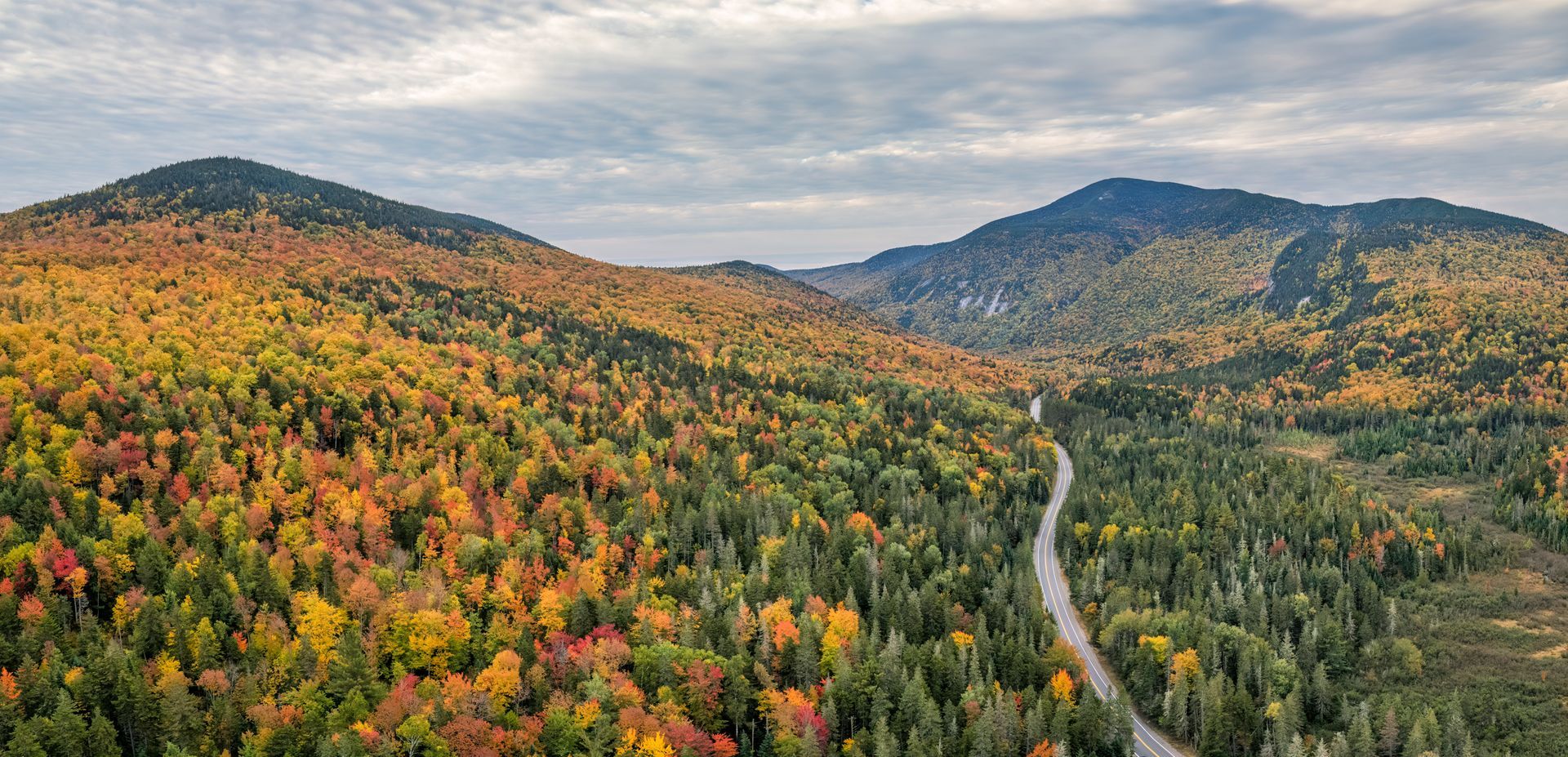 An aerial view of a road going through a forest with mountains in the background.