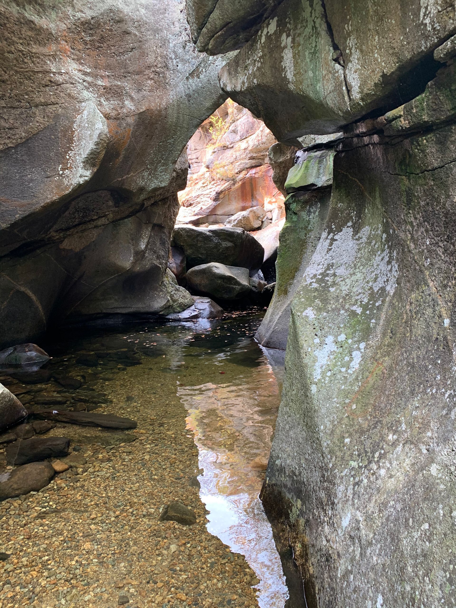 A small stream is coming out of a rocky cave.