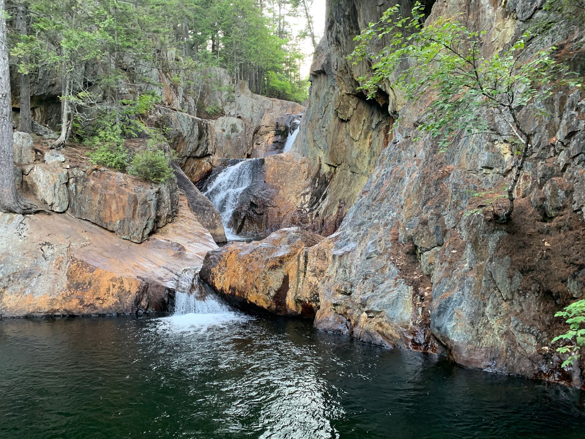 A waterfall is surrounded by rocks and trees and is surrounded by a body of water.