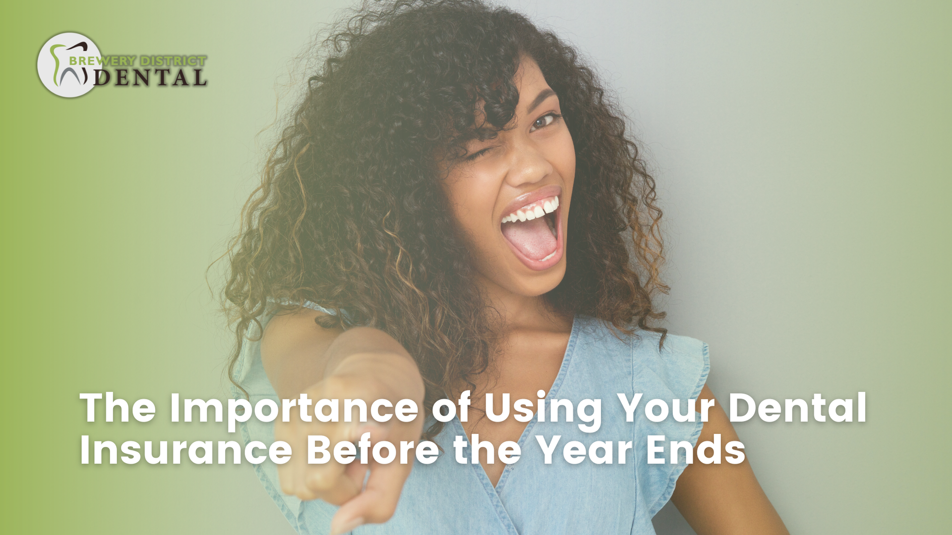 Woman winks, points, and smiles widely. Text reads, 