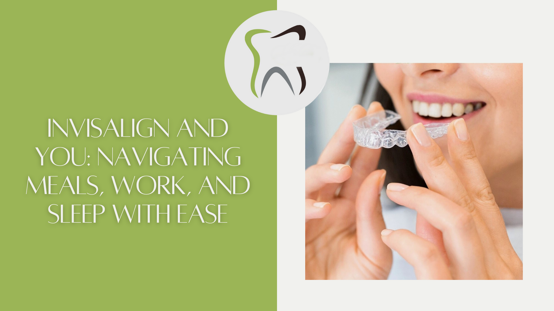 A woman is holding a clear brace in front of her mouth.