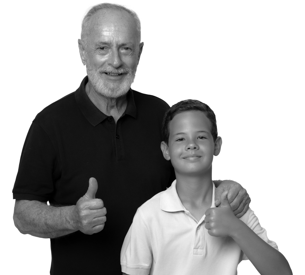 Older man with boy, smiling and giving thumbs up. Older man with boy, smiling and giving thumbs up.