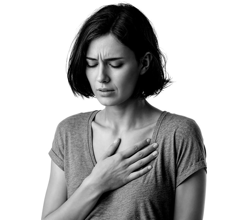Woman with hand on chest, looking distressed with eyes closed. Woman with hand on chest, looking distressed with eyes closed.