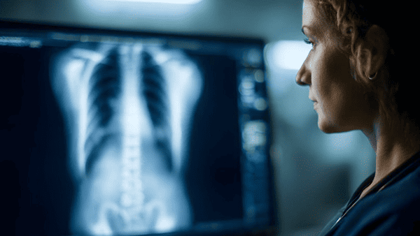 Doctor looking at chest X-ray on a monitor in a dim room.