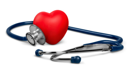 3D graphic of a heart leaning against a stethoscope