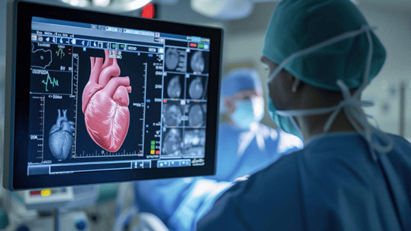 Surgeon viewing heart scan on monitor during surgery. Operating room setting, medical equipment.