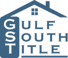 Logo for Gulf South Title featuring a blue house outline with white text: