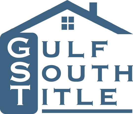 Blue logo for Gulf South Title, featuring a house silhouette and text.