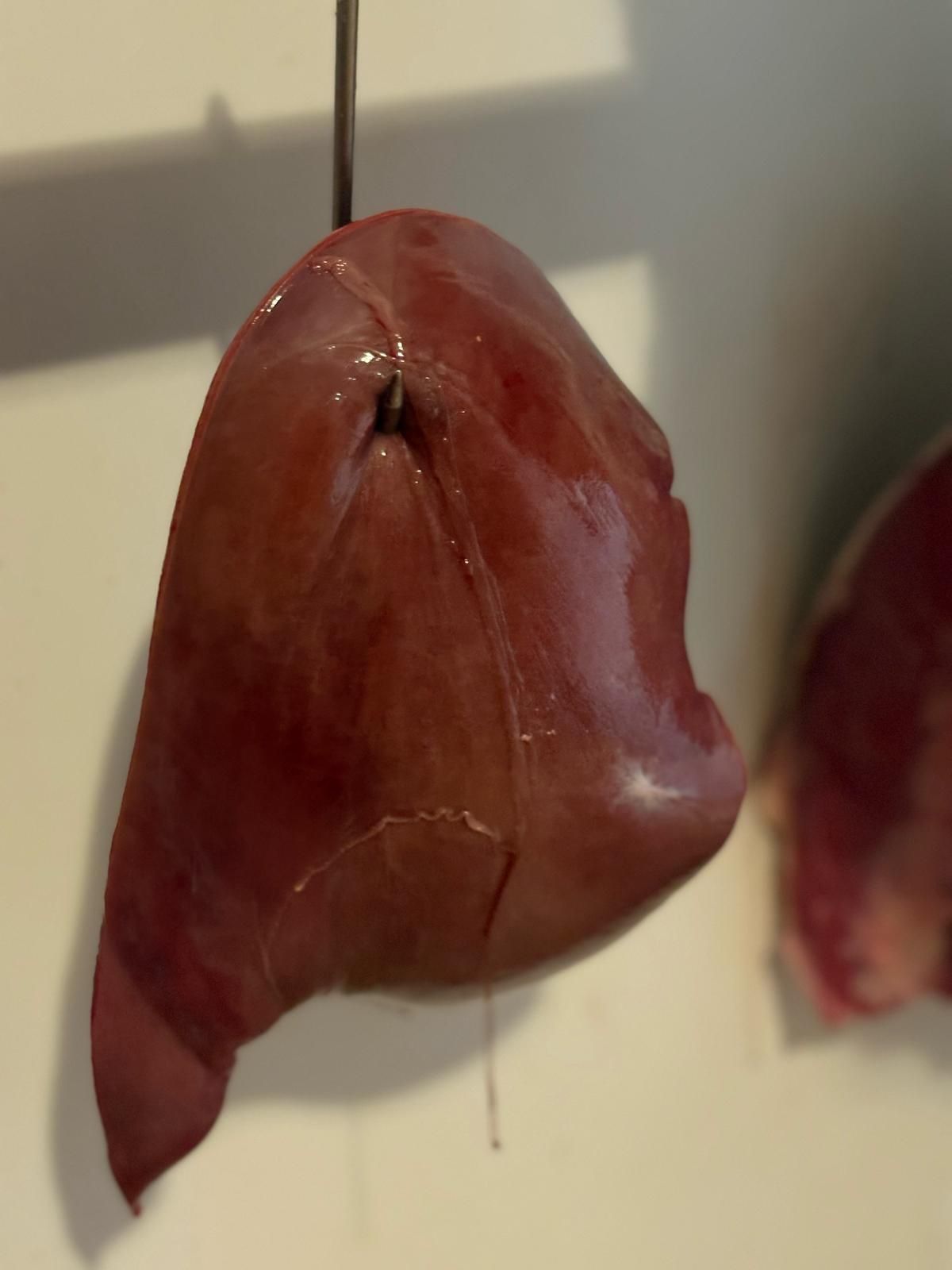 Un pezzo di carne è appeso a un gancio