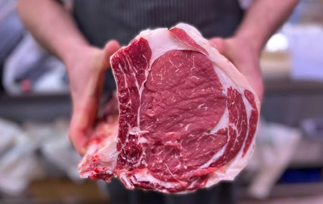 Una persona tiene in mano un grosso pezzo di carne cruda.