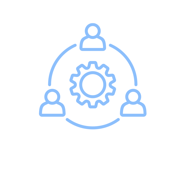 Three figures around a gear, connected by a circular line, all in blue.