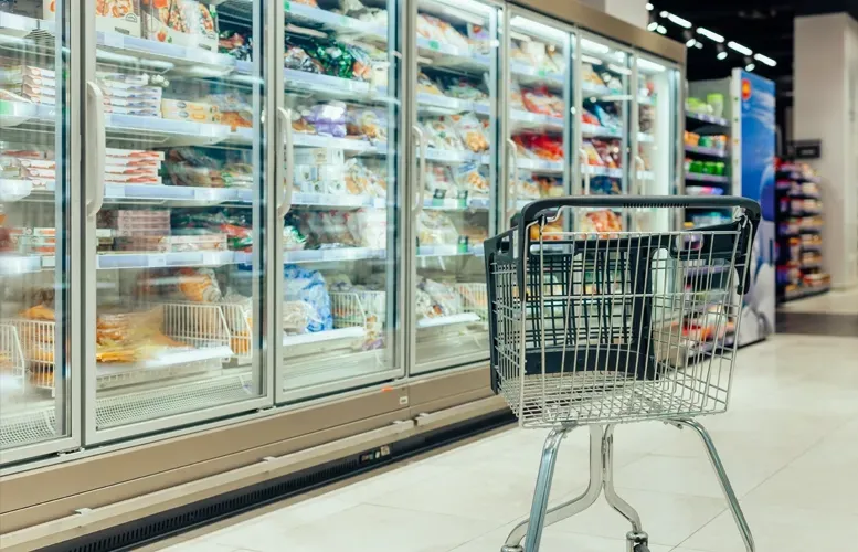 Shopping cart in front of freezer doors in a grocery store, full of frozen food items.