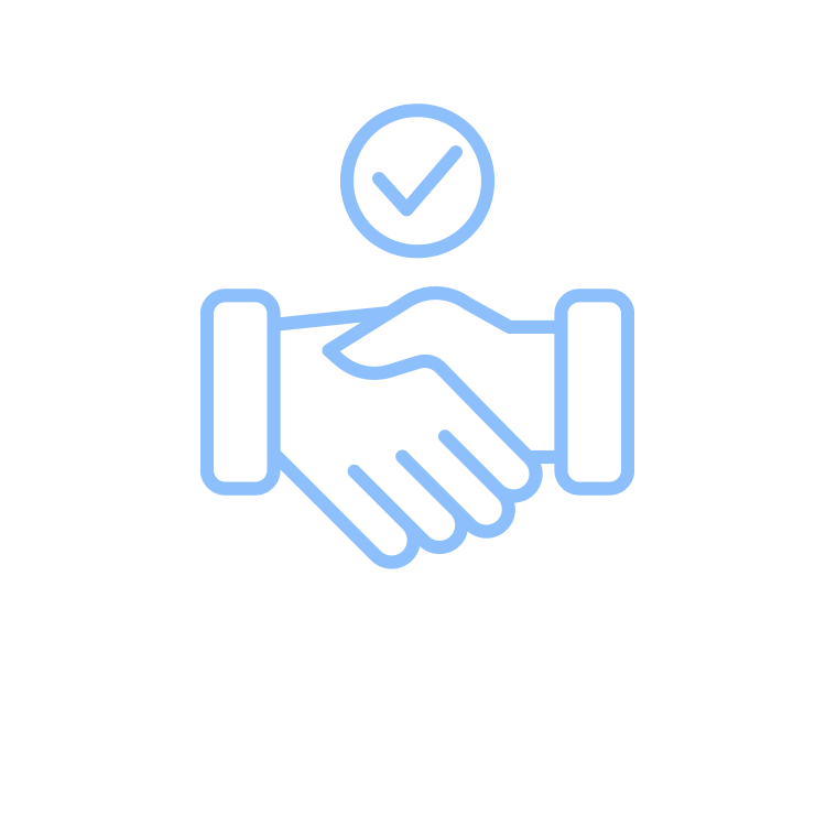 Two hands shaking with a checkmark above, in light blue outline.