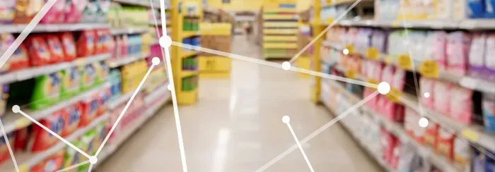 Grocery store aisle with shelves of products, overlaid with a network of connecting lines and dots.