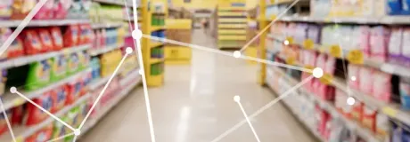 Grocery store aisle with shelves of products, overlaid with a network of connecting lines and dots.