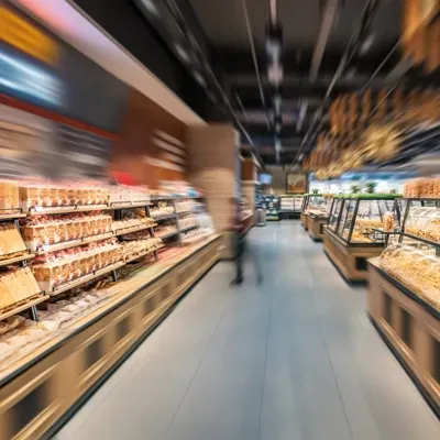 Bakery aisle with blurry motion; display cases and shelves full of baked goods.