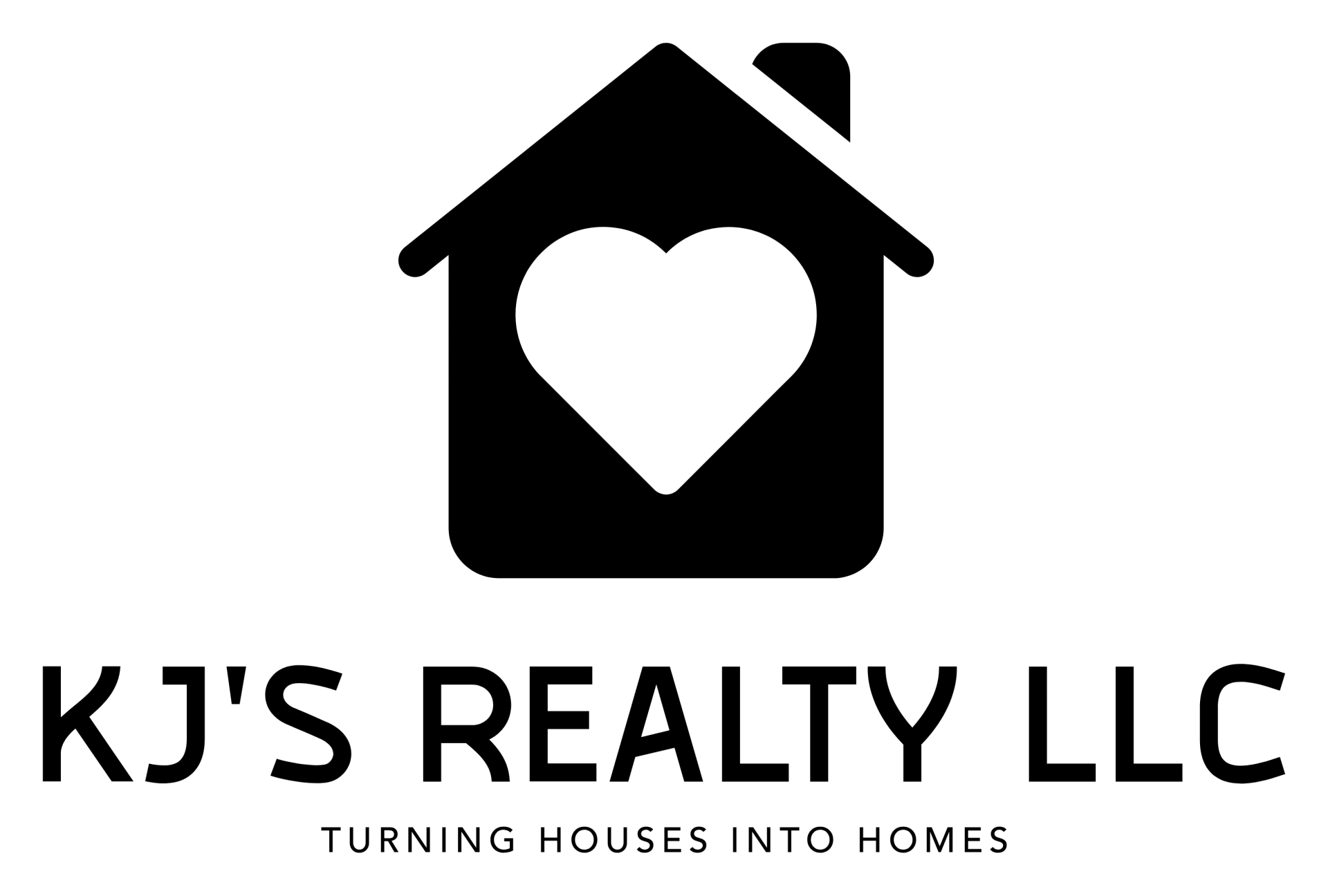Logo for KJ'S REALTY LLC featuring a black house icon with a heart cutout, with the slogan 