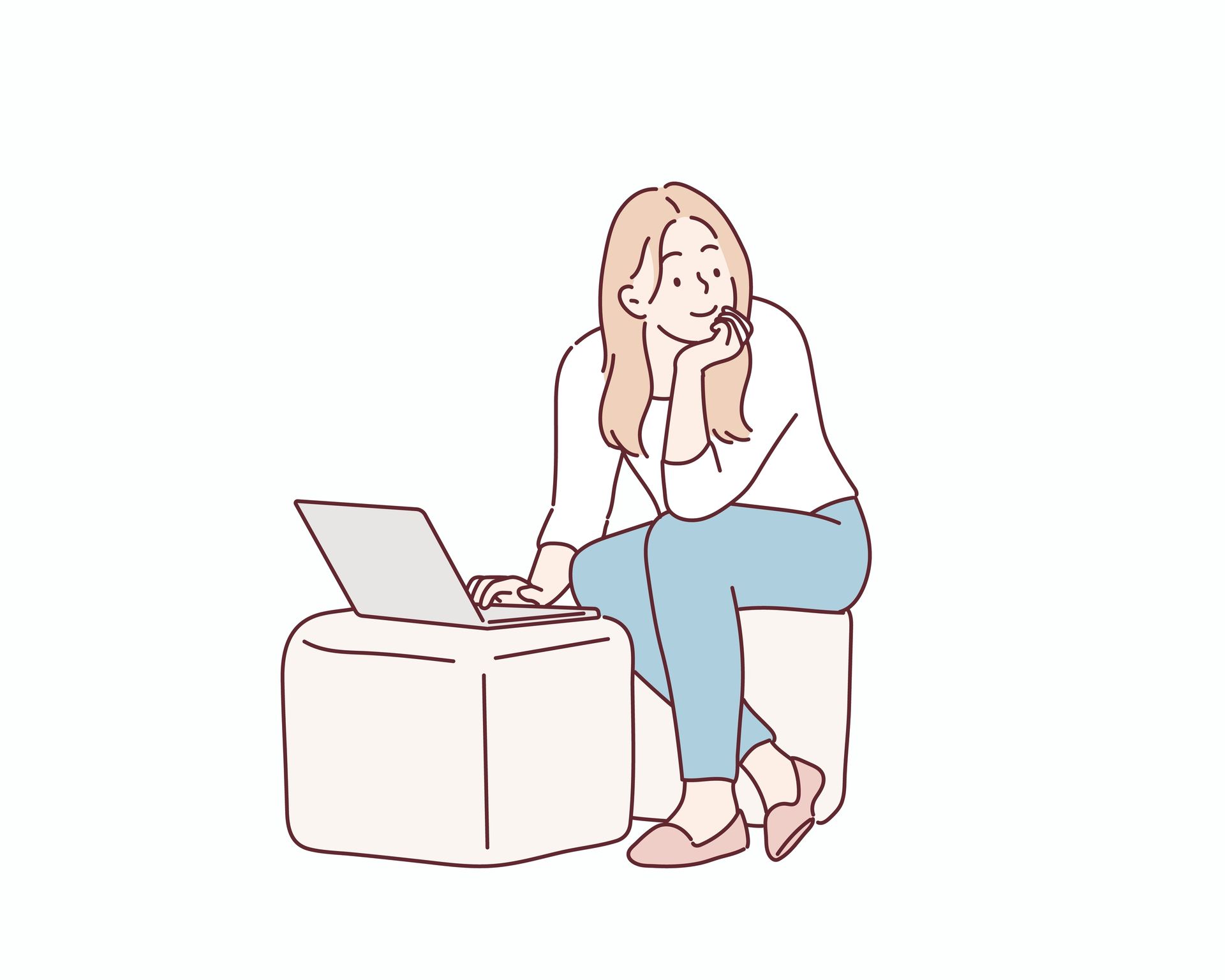 A woman is sitting on a stool using a laptop computer.