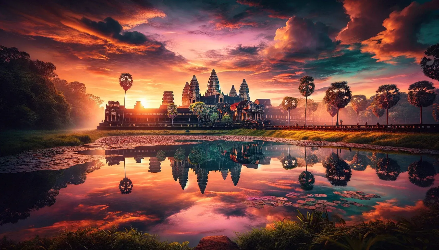 Sunrise over Angkor Wat Temple in Siem Reap, Cambodia, with reflection in water showcasing temple