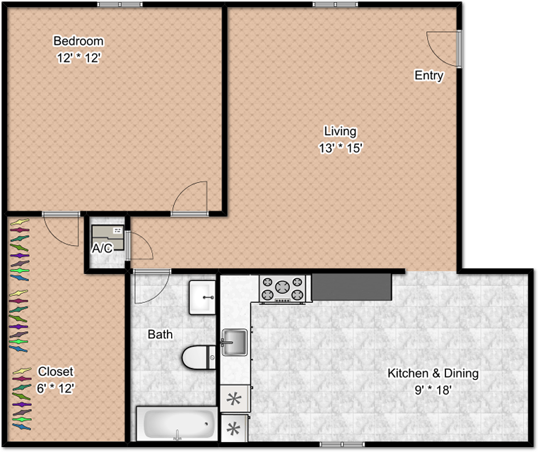 One Bedroom One Bath Electric 751 square feet