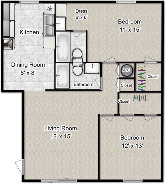 Two Bedroom Two Bath 985 square feet