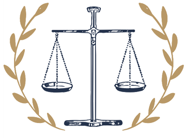 Bilancia della giustizia racchiusa in una corona d'alloro dorata.