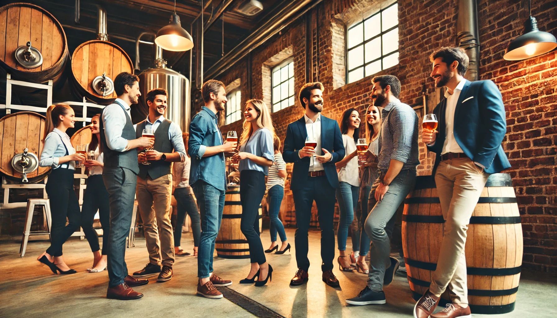 A group of people are standing around wooden barrels in a brewery.