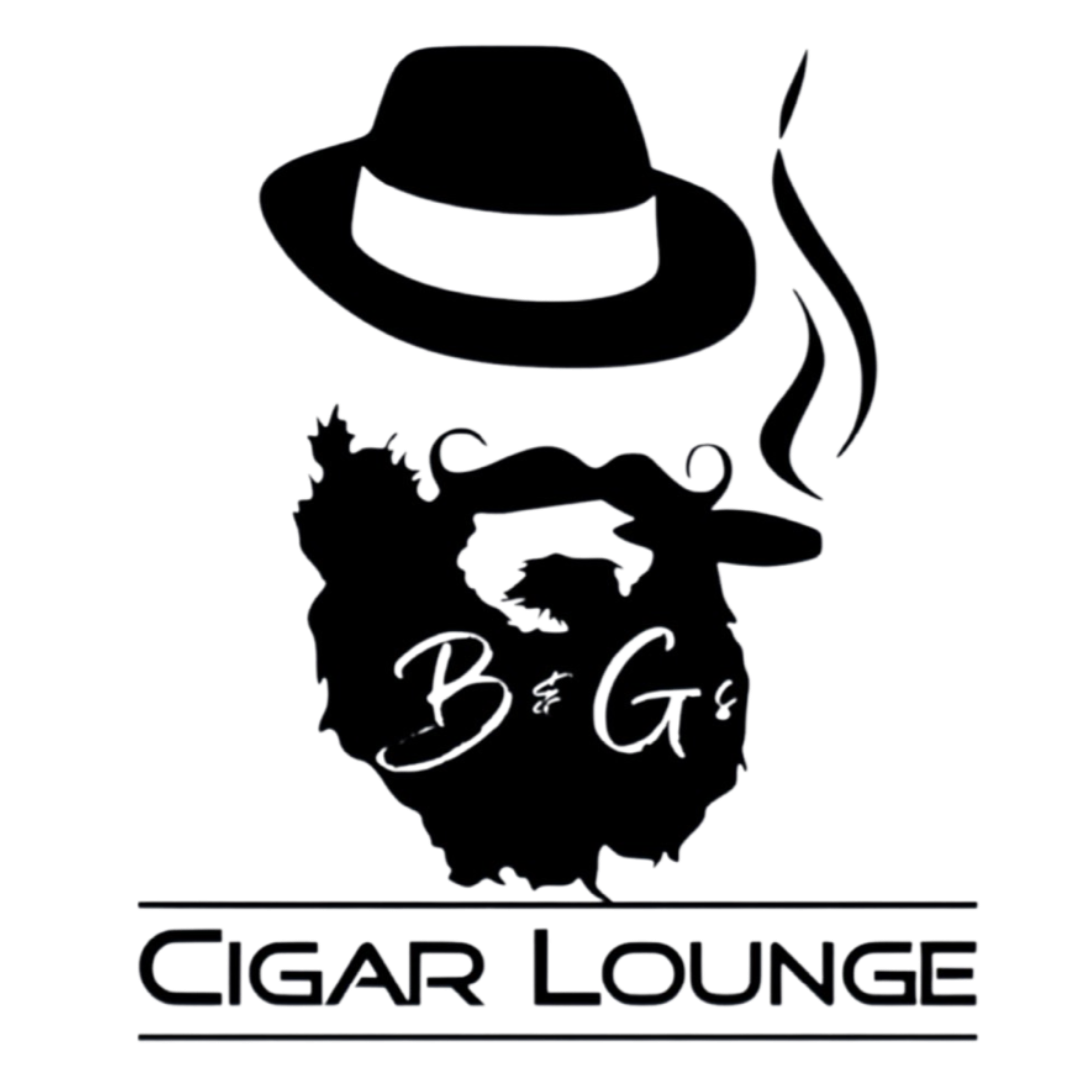 The logo for b&g cigar lounge. is a man with beard and mustache smoking a cigar.