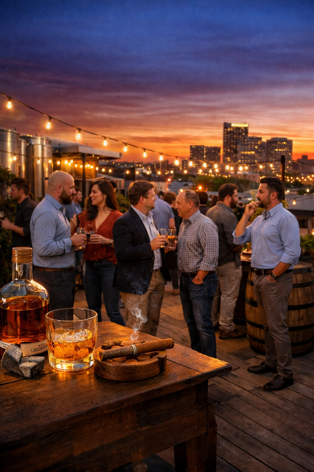 Rooftop networking event. People enjoying bourbon and cigars