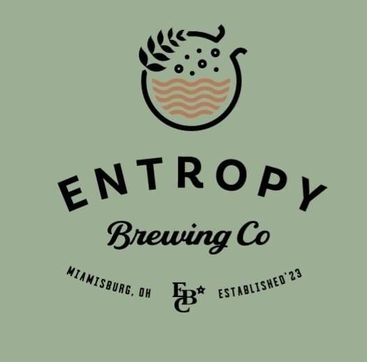 Logo for Entropy Brewing Co. with beaker illustration, text