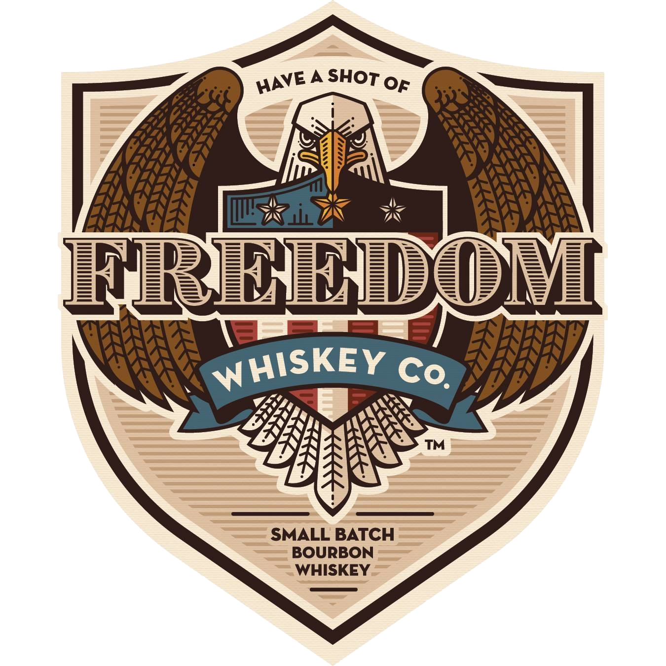 The logo for freedom whiskey co. is a shield with an eagle on it.