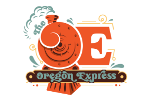 A logo for the oregon express with a train on it