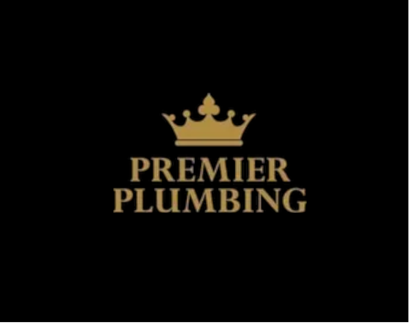 A logo for premier plumbing with a gold crown on a black background