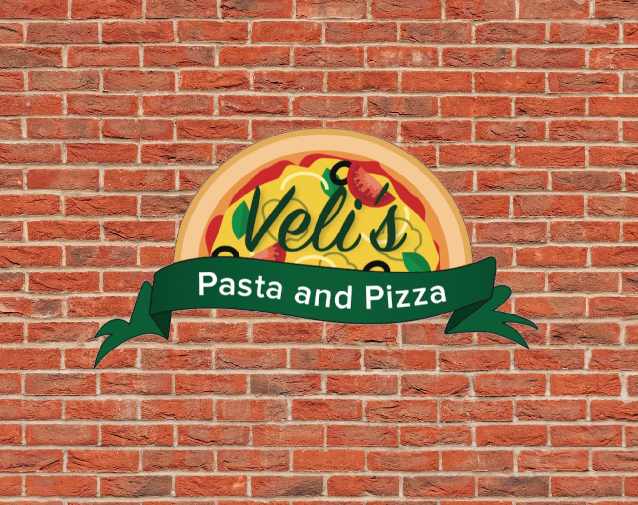 A brick wall with a logo for veli 's pasta and pizza