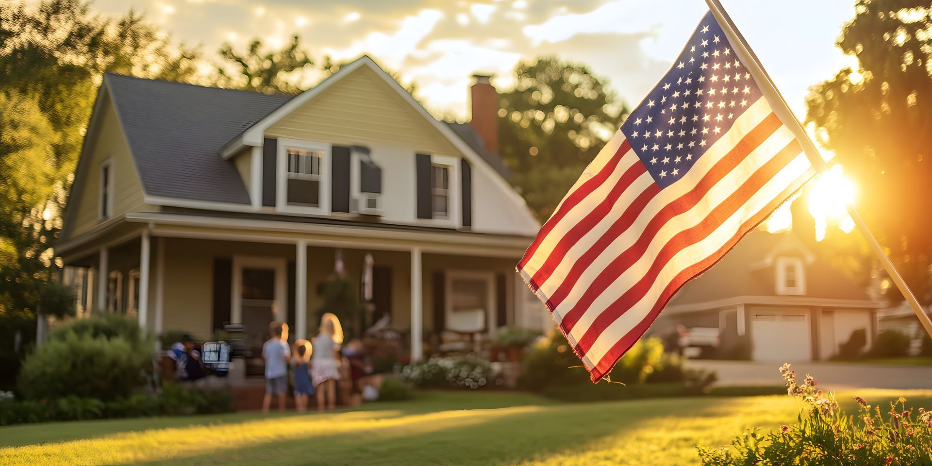 Real estate agent showing a blue house to a couple, 