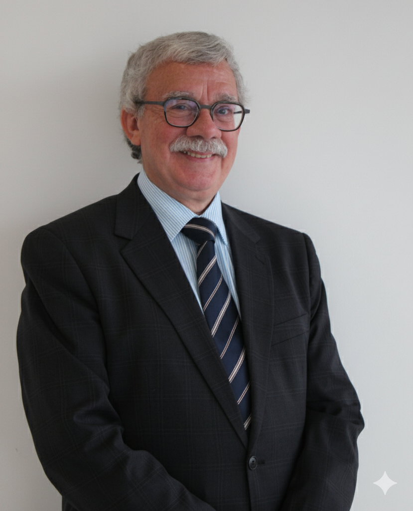 Man in suit and tie, smiling, wearing glasses, against a plain white wall.