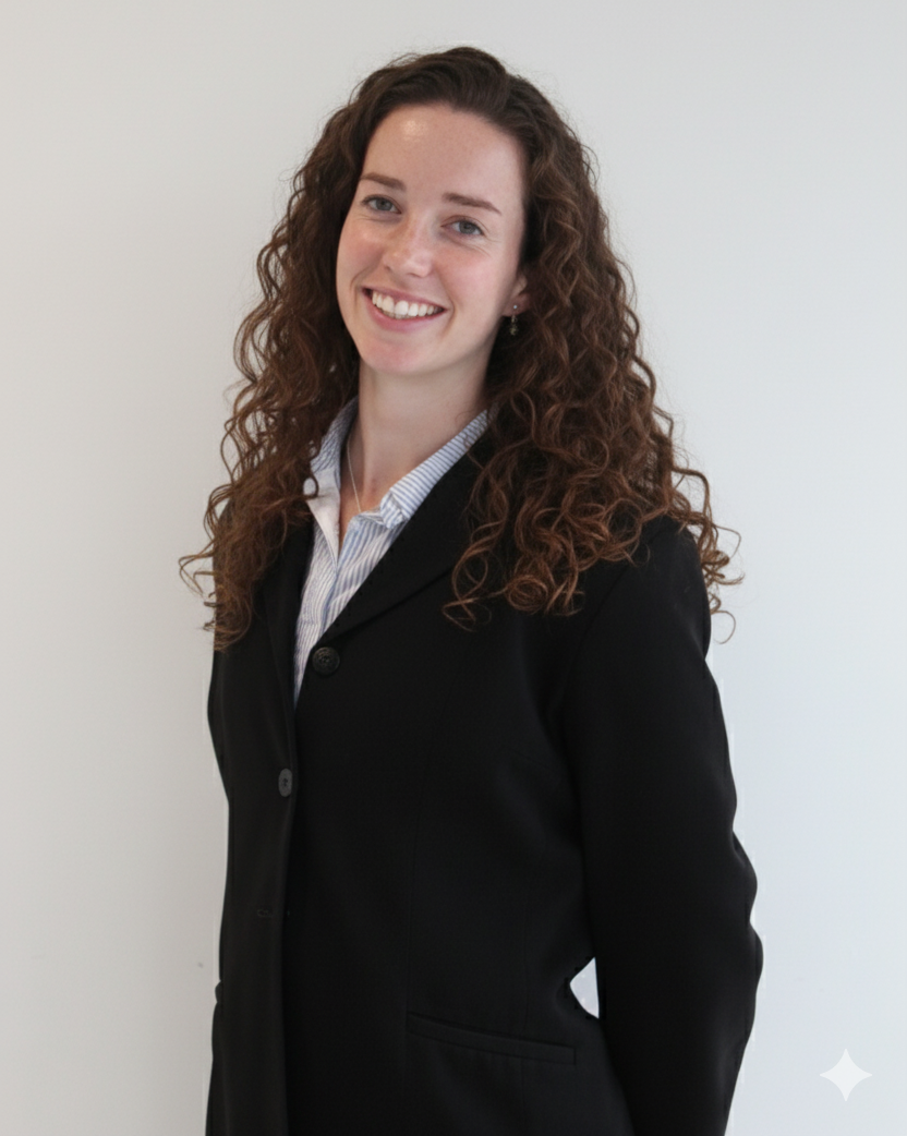 Woman with curly brown hair smiling in a black blazer and white collared shirt.