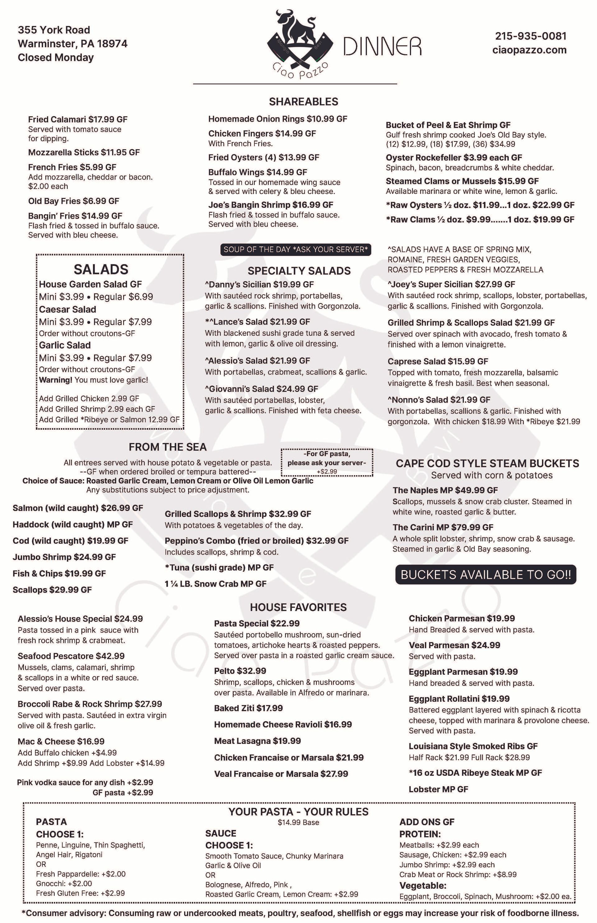 CIAO PAZZO DINNER MENU 1