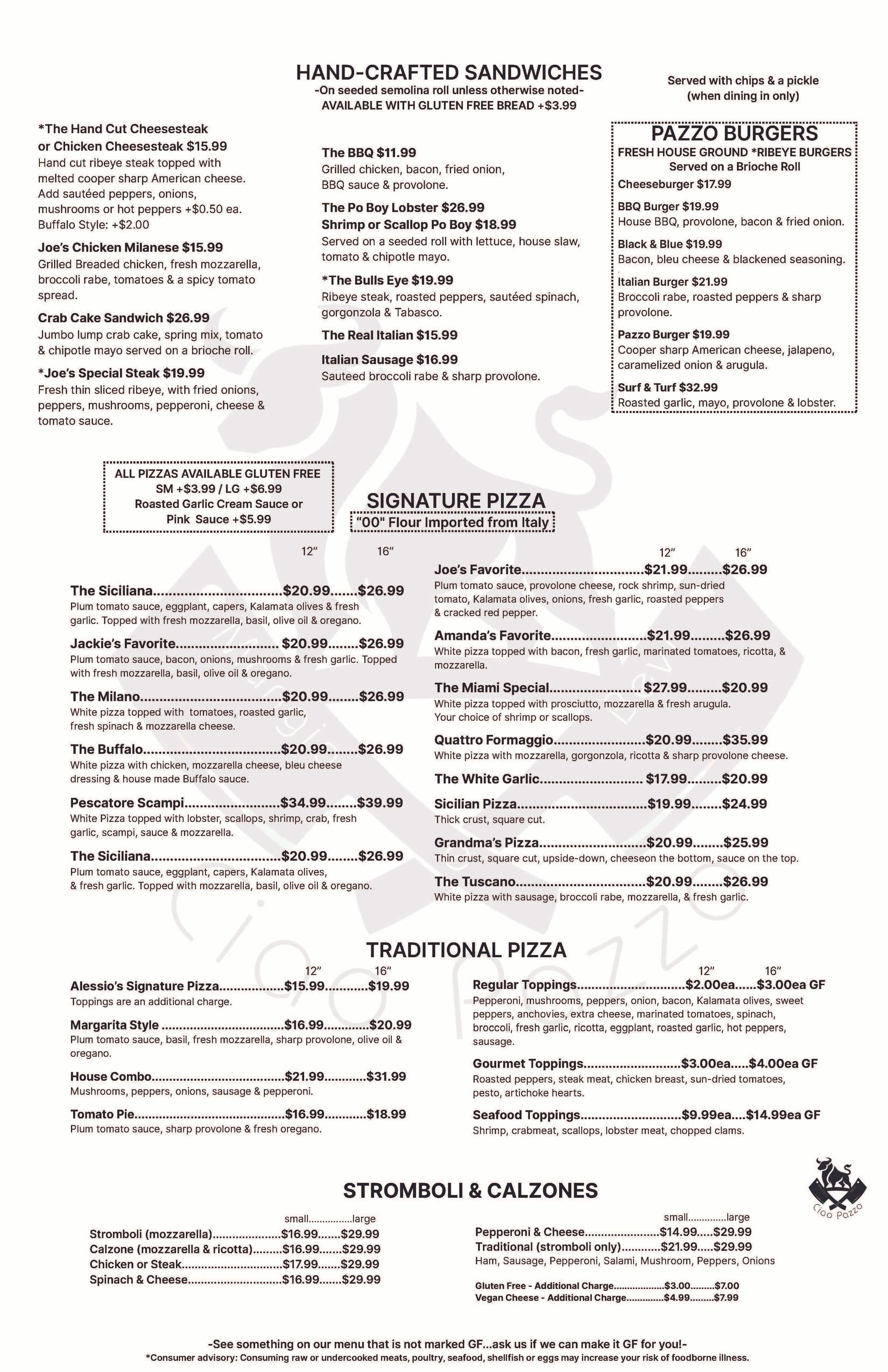 Ciao Pazzo Italian Restaurant Dinner Menu