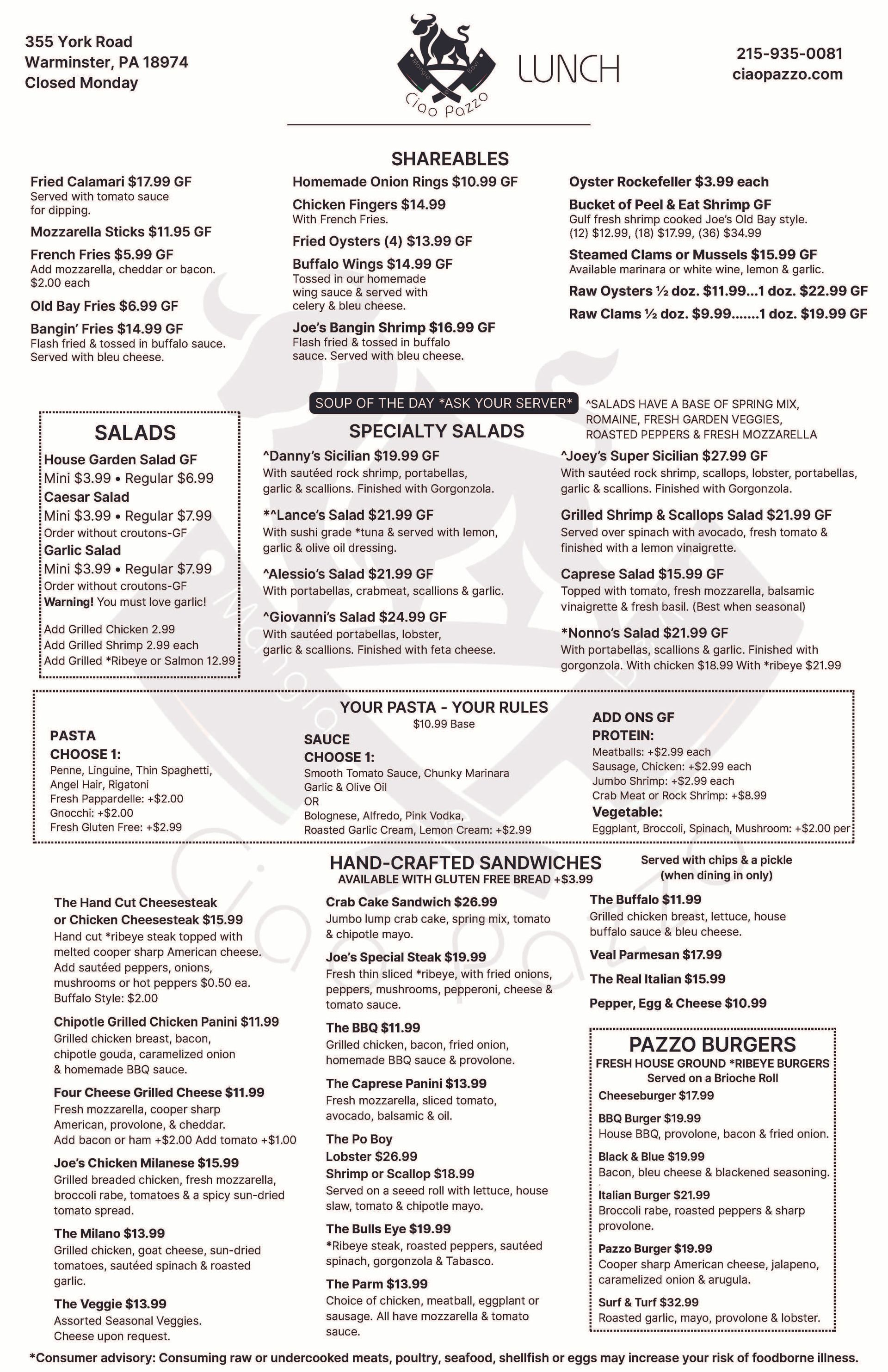 CIAO PAZZO LUNCH MENU 1