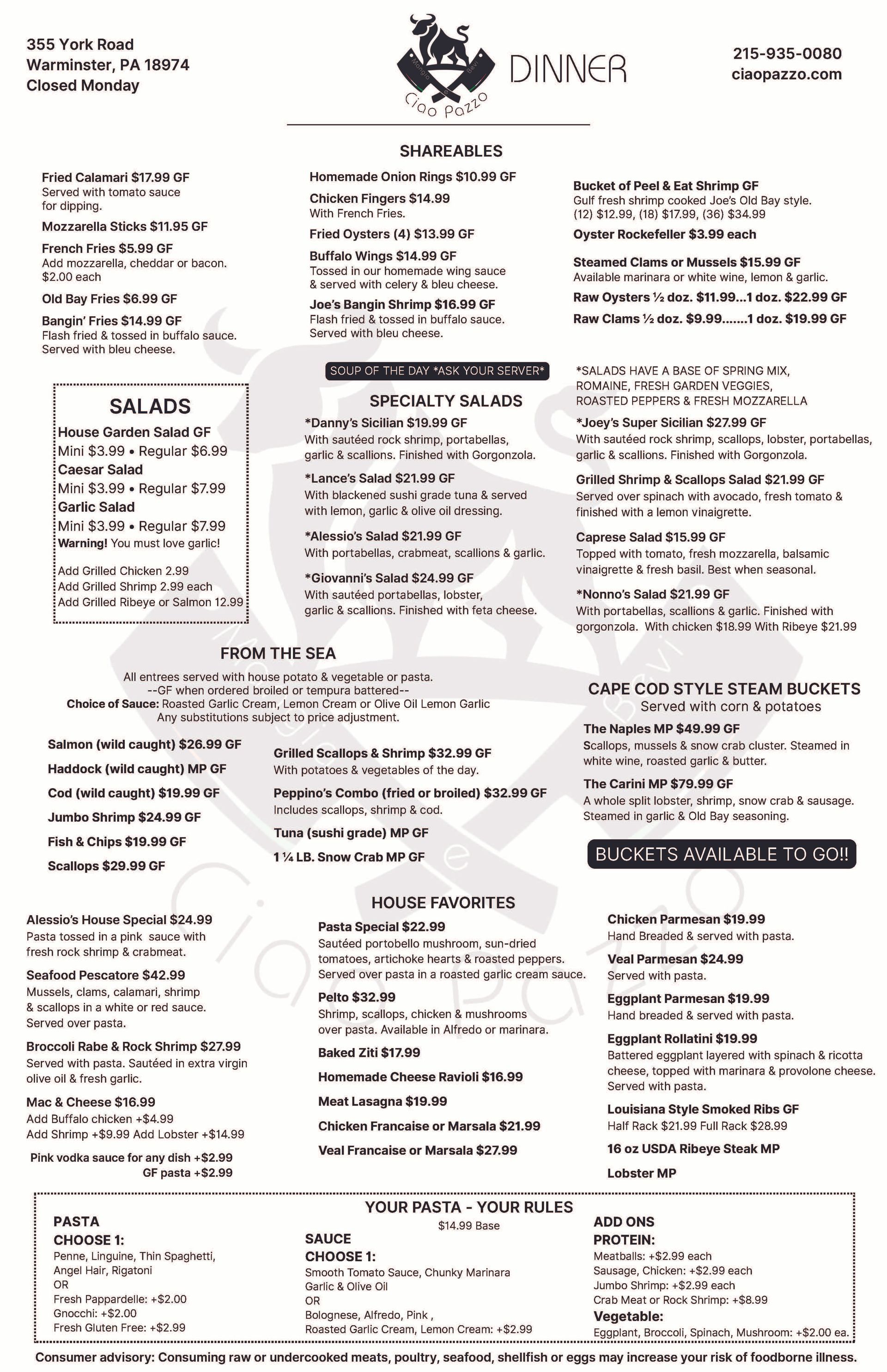 CIAO PAZZO DINNER MENU 1
