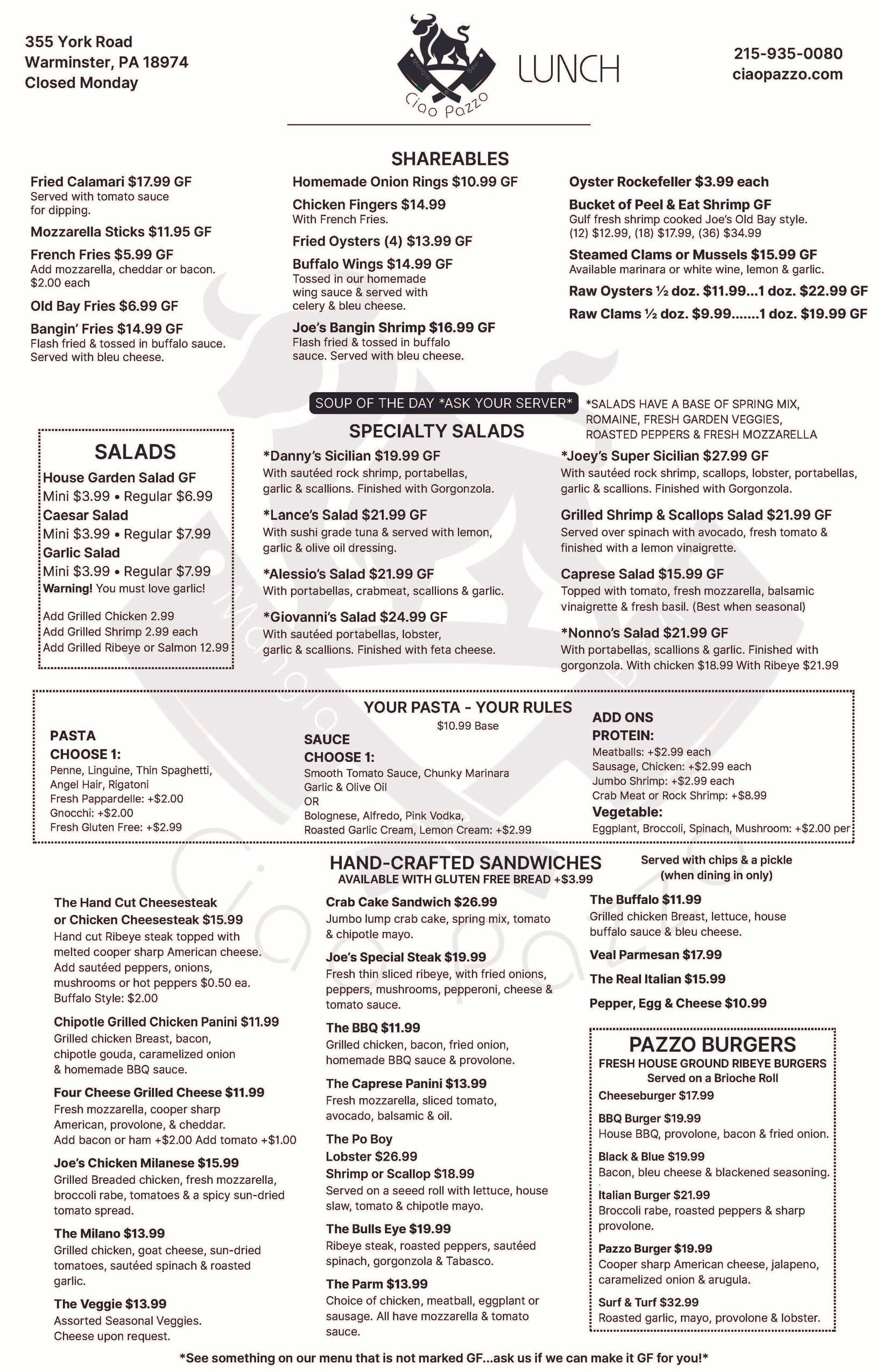 CIAO PAZZO LUNCH MENU 1