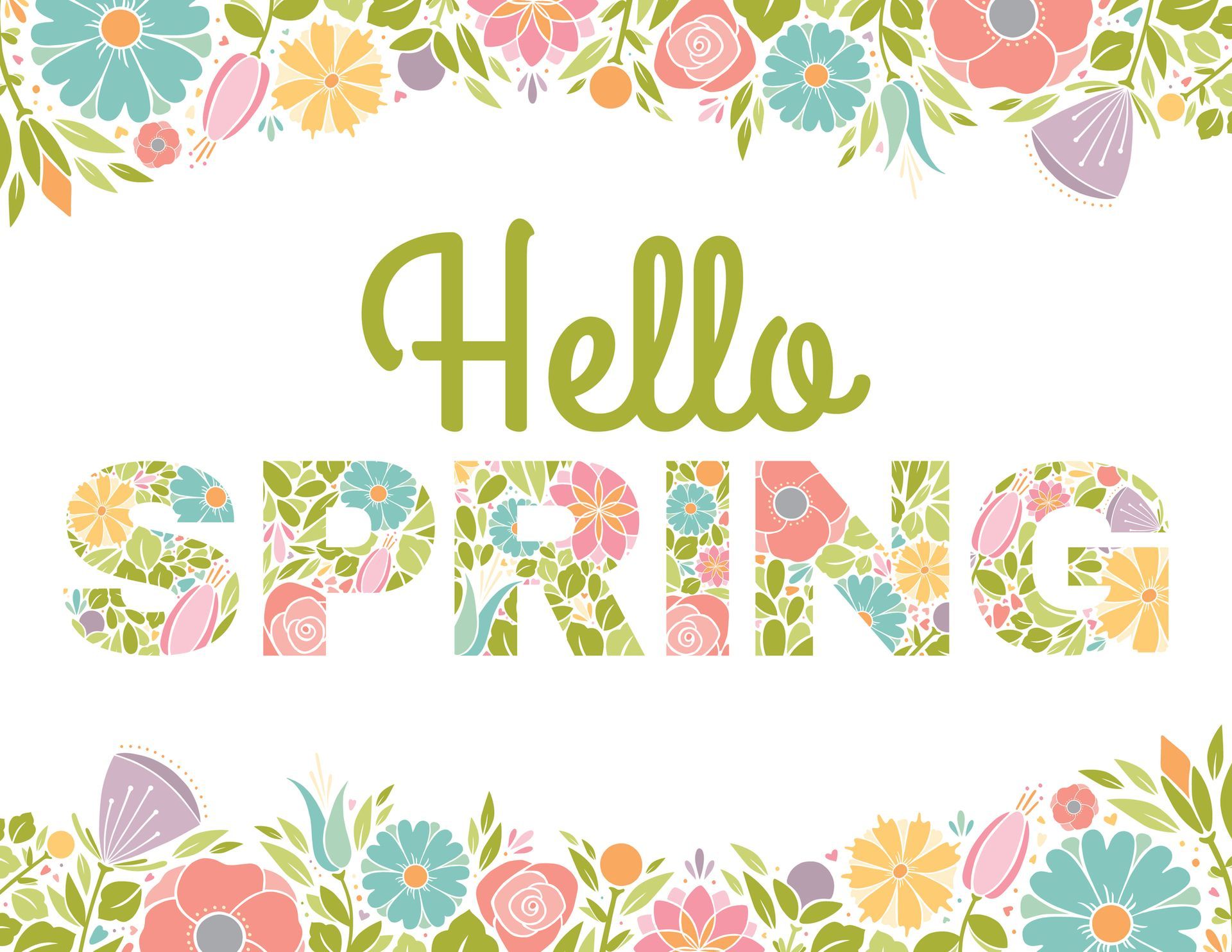 the word hello spring is made of flowers and leaves .