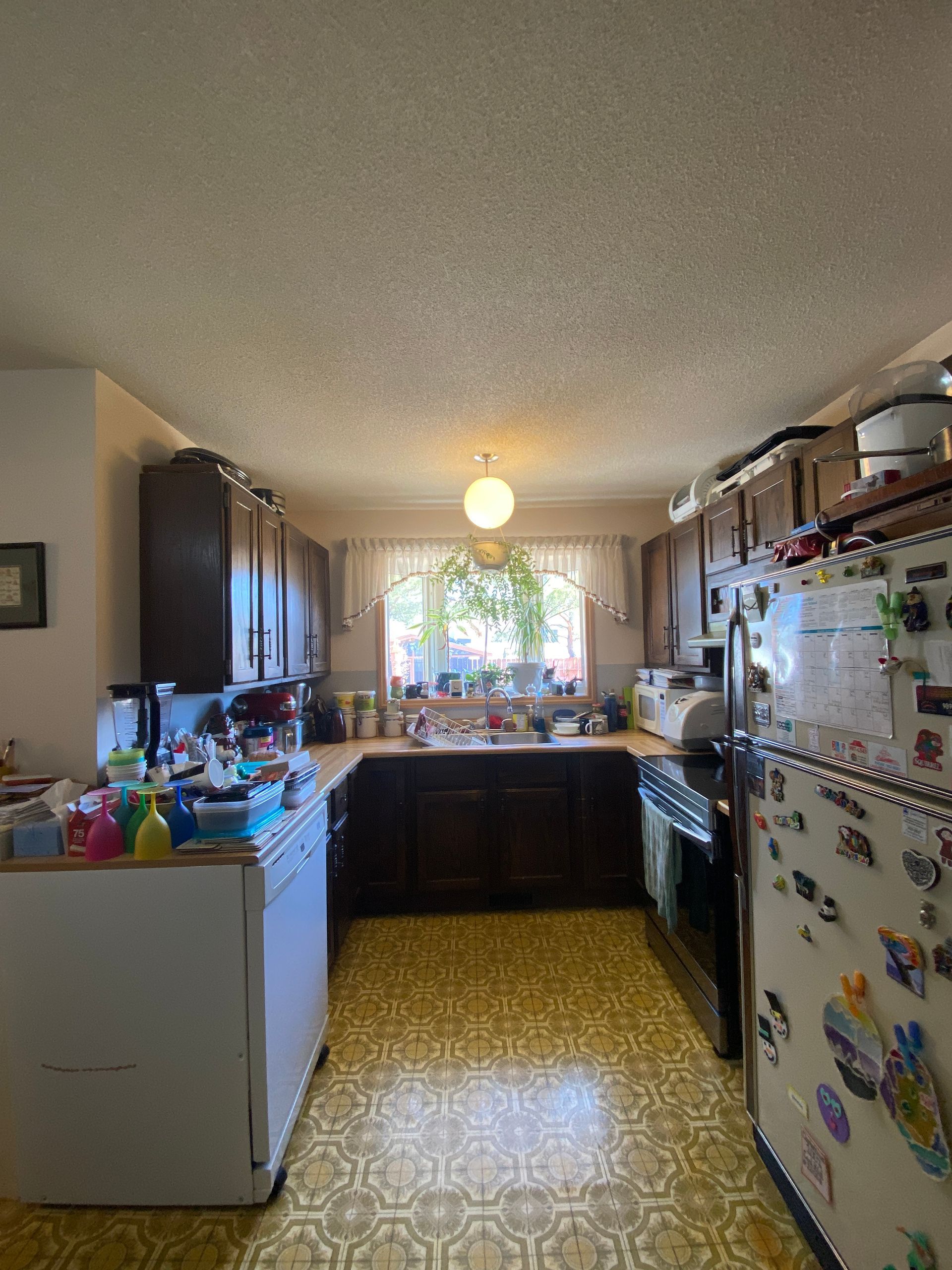 A kitchen with a refrigerator , stove , dishwasher , and sink.