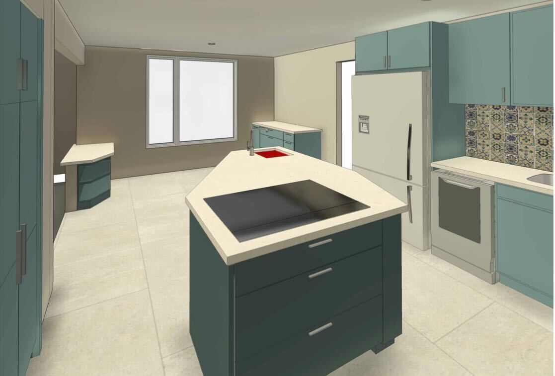 A computer generated image of a kitchen with blue cabinets