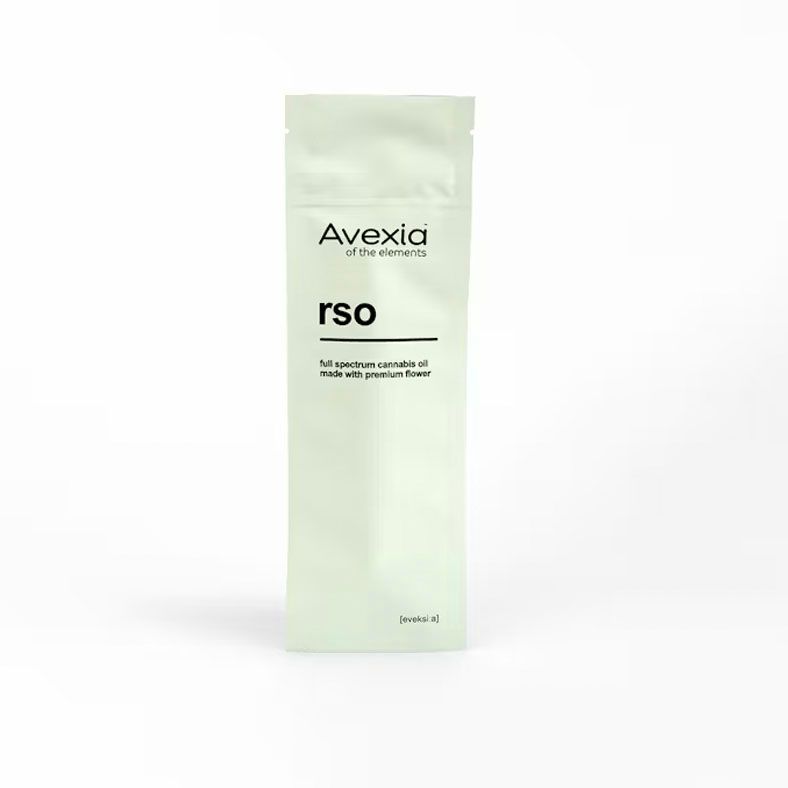 A white package of avexia rso is sitting on a white surface.