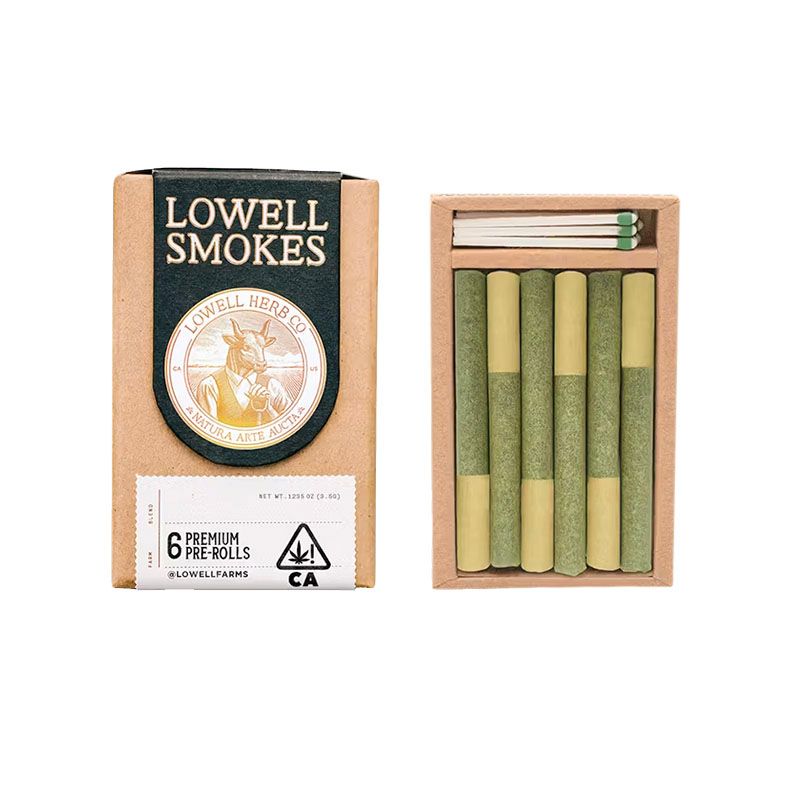 A box of lowell smokes contains six pre rolls and matchs.