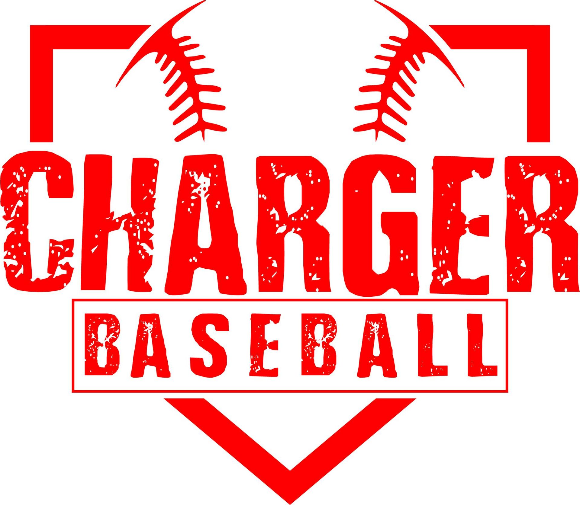 A red logo for charger baseball with a white background