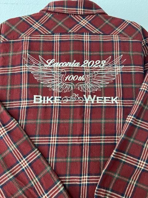 A plaid shirt that says bike week on it