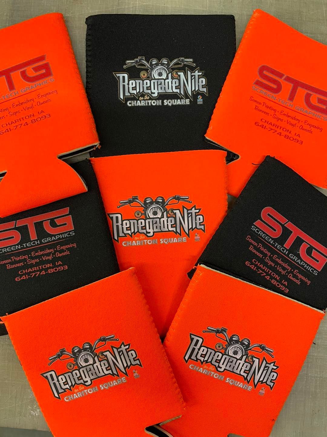 A bunch of can holders with renegade nite written on them